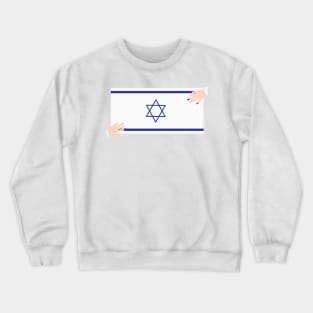 Two hands with blue and white nail polish on Israel flag Crewneck Sweatshirt